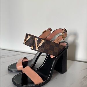 Louis Vuitton Pink Leather & Monogram Block Heel Sandals